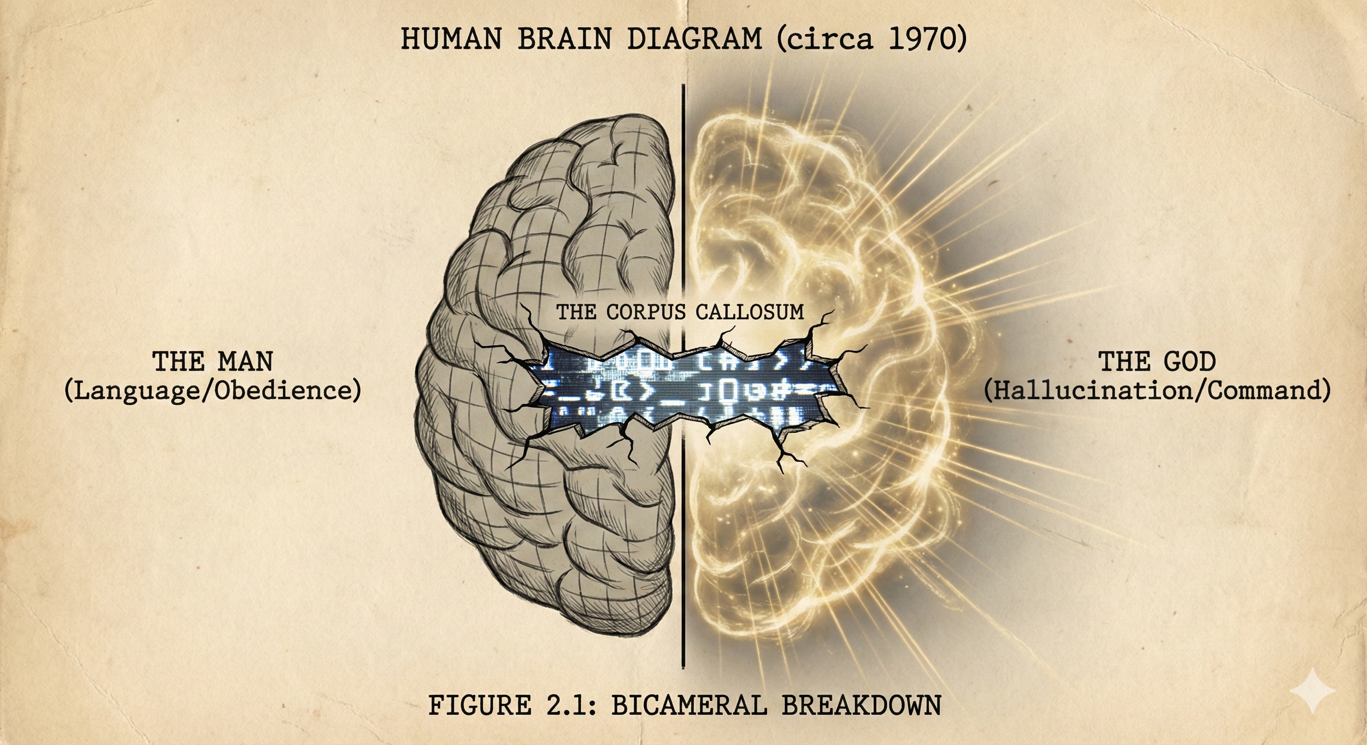 A vintage diagram of the Bicameral Mind showing the Right Hemisphere as 'God' and Left Hemisphere as 'Man', connected by a glitching bridge.