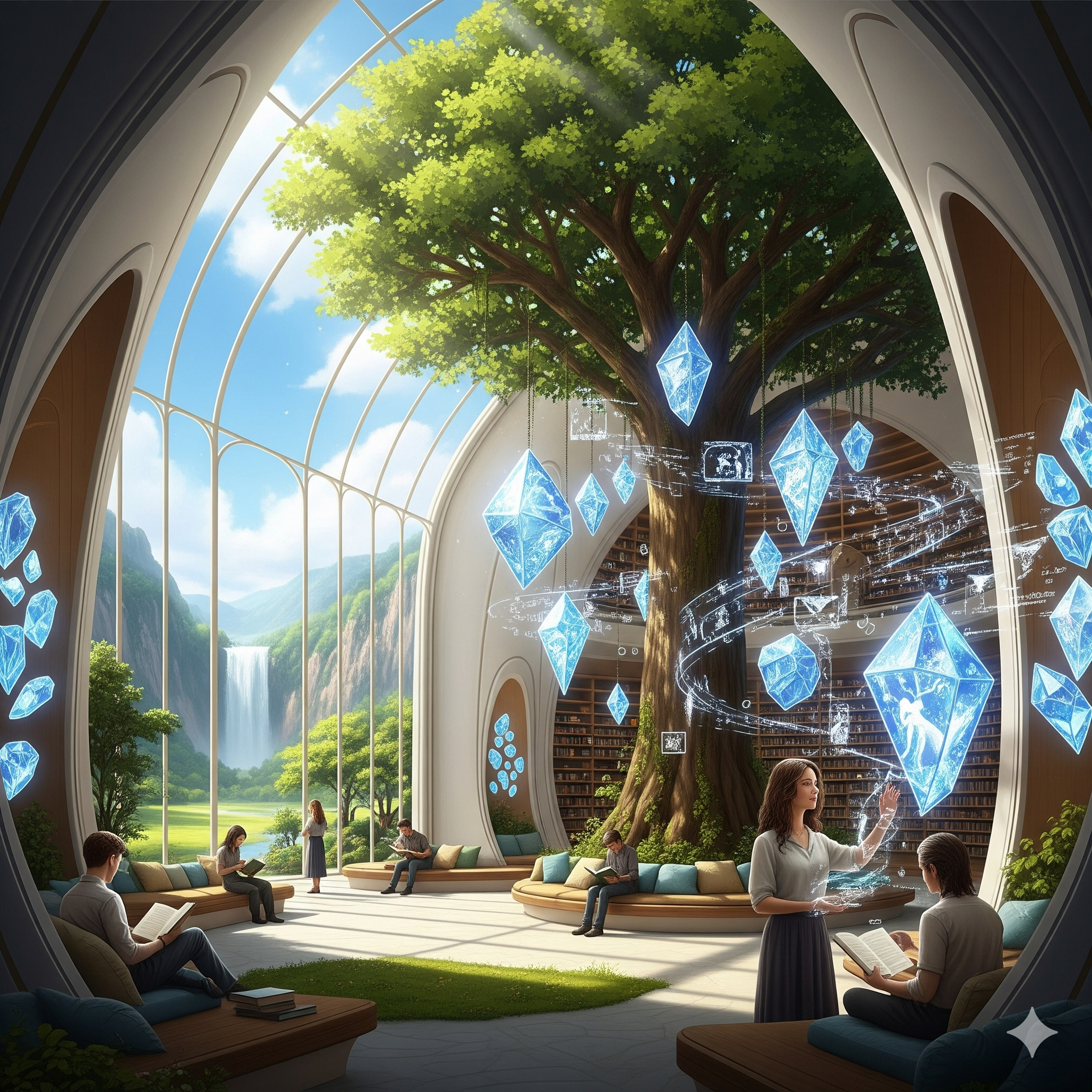Sanctuary Library with Tree of Knowledge and Holographic Crystals